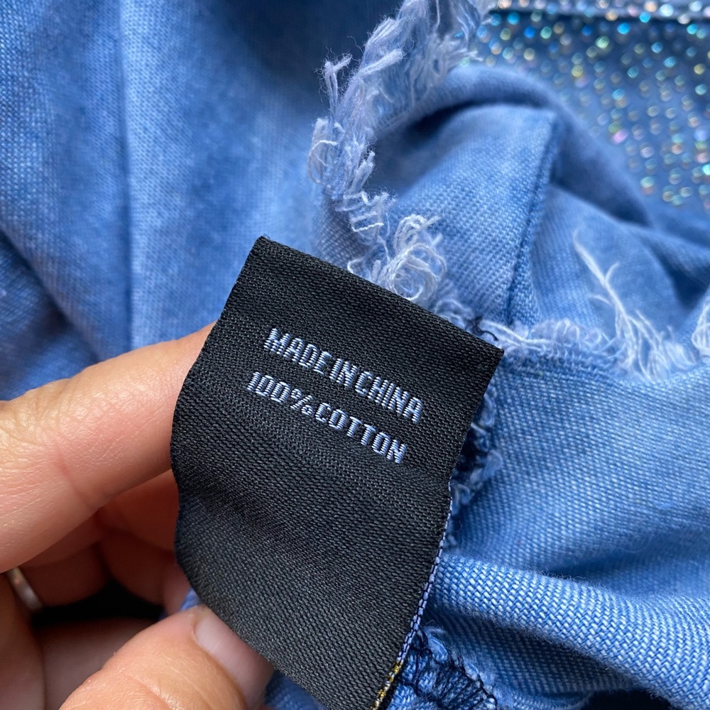 KROIX Cotton Rhinestones Details Raw Hem Hi Lo Denim Button-Up Shirt Dress Sz M - Picture 17 of 17